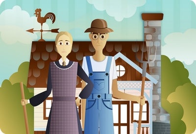 Cartoon of American Gothic painting